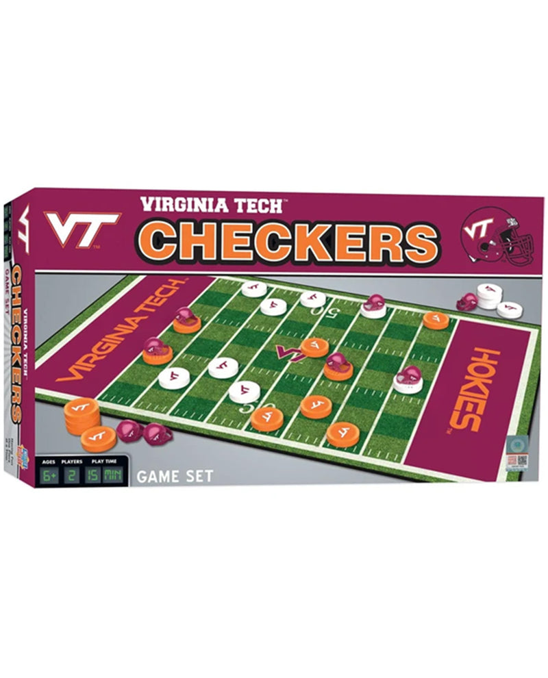 Virginia Tech Checkers board game set in its retail box, featuring a football field design with green turf, white yard lines, orange and white checkers, and maroon side panels with team branding.