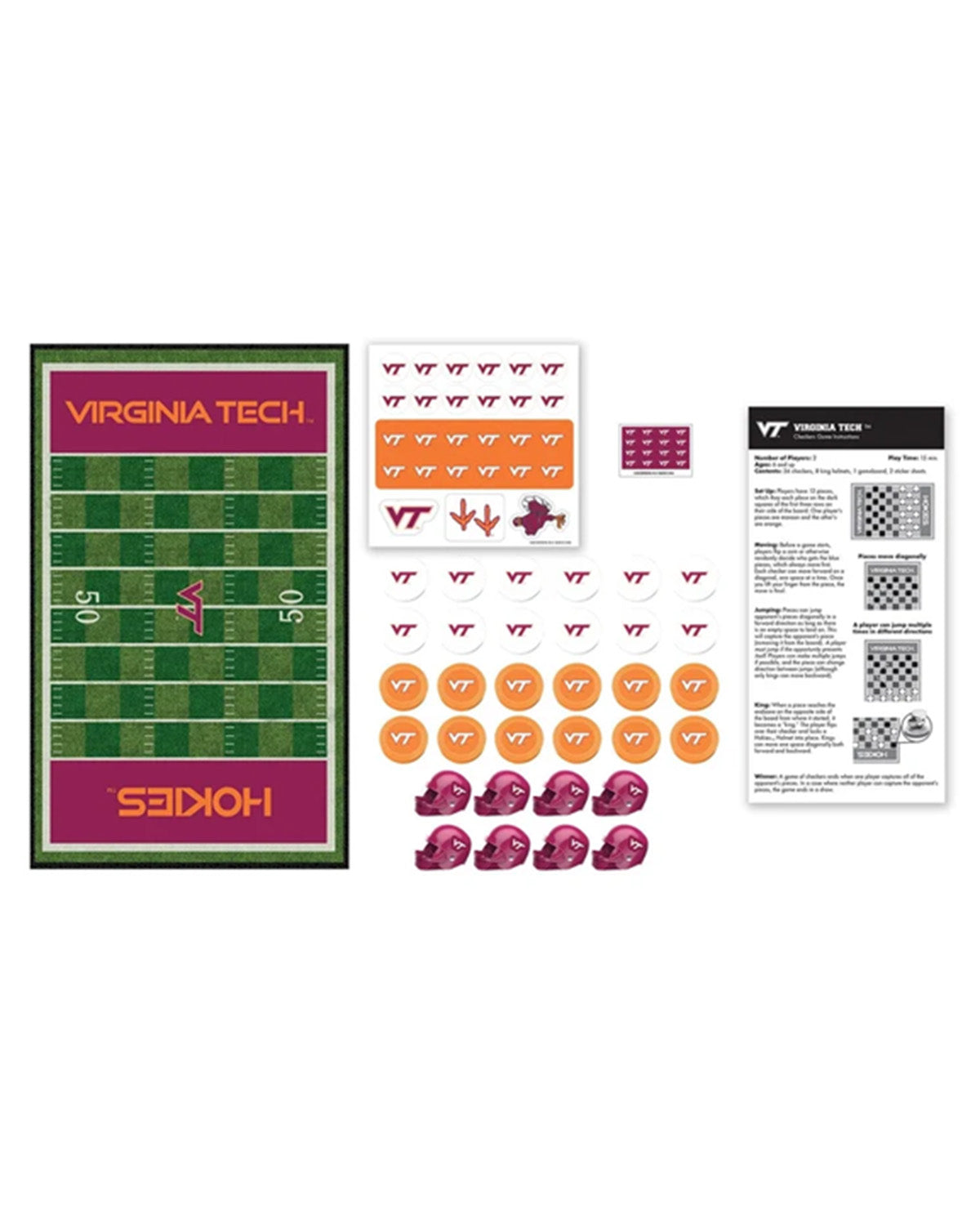 Virginia Tech themed sticker kit featuring a football field board game, sticker sheets with VT logos and hokies, orange VT stickers, purple hokies stickers, and an instruction sheet on a white background.