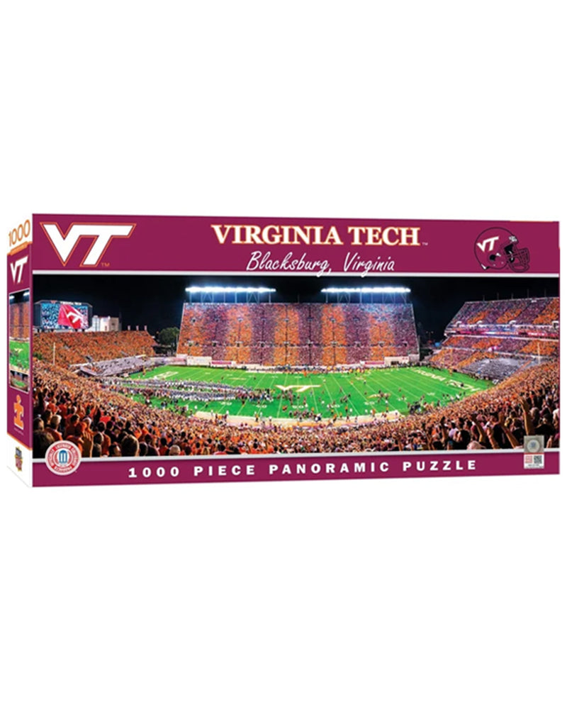 A 1000-piece panoramic jigsaw puzzle box for Virginia Tech Blacksburg, Virginia, featuring a night football game scene on the front with the VT logo and team branding.