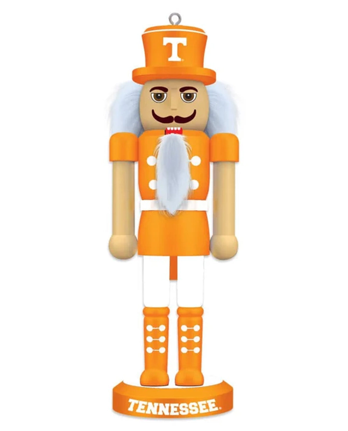 A Tennessee Volunteers nutcracker figurine in bright orange and white, featuring a wooden face with a mustache, a white beard, and a white 'T' on an orange hat, standing on a base labeled 'TENNESSEE'.