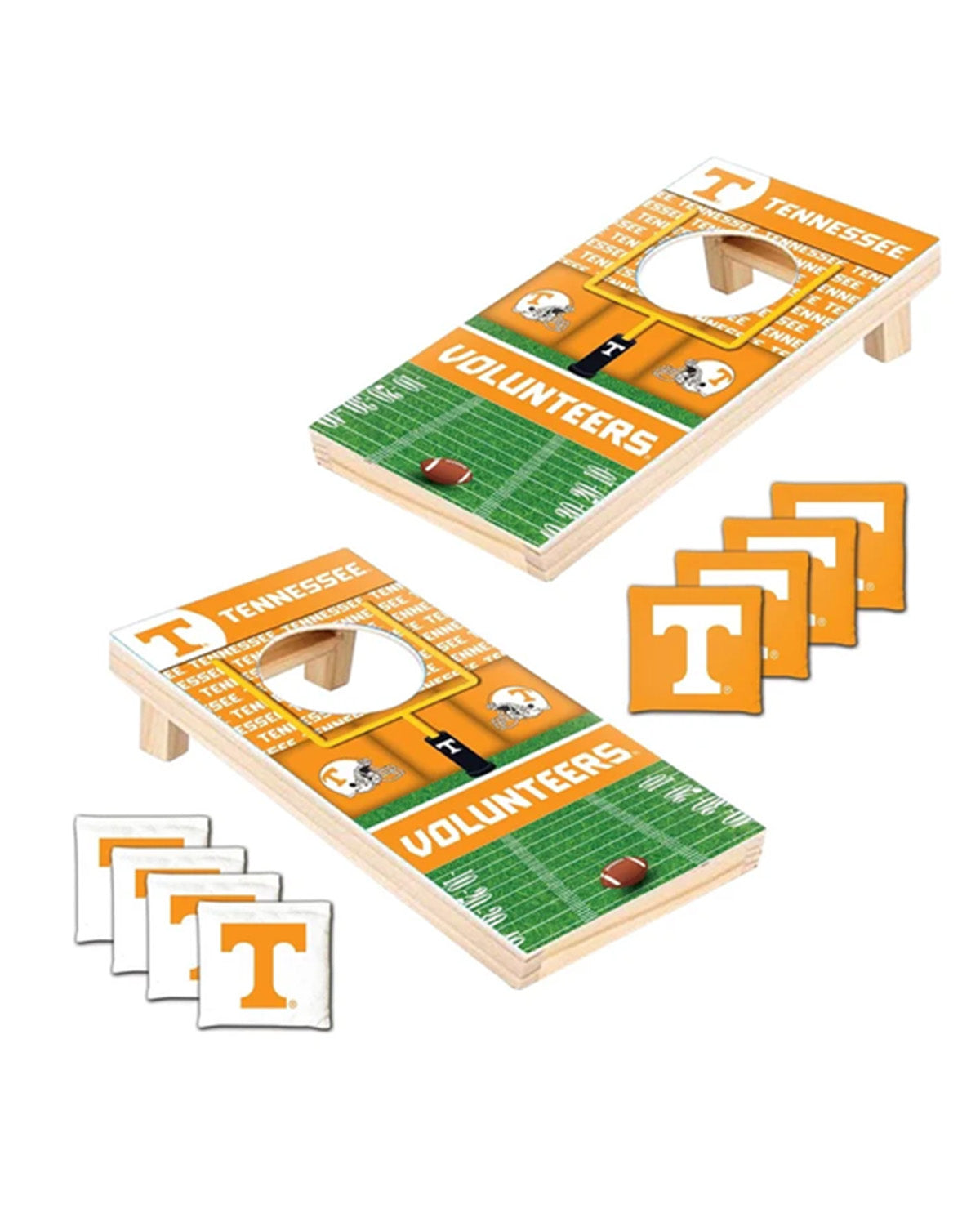 Tennessee Volunteers cornhole set with two wooden boards, a set of orange and white tokens, and a set of white dice, all displayed on a clean white background.