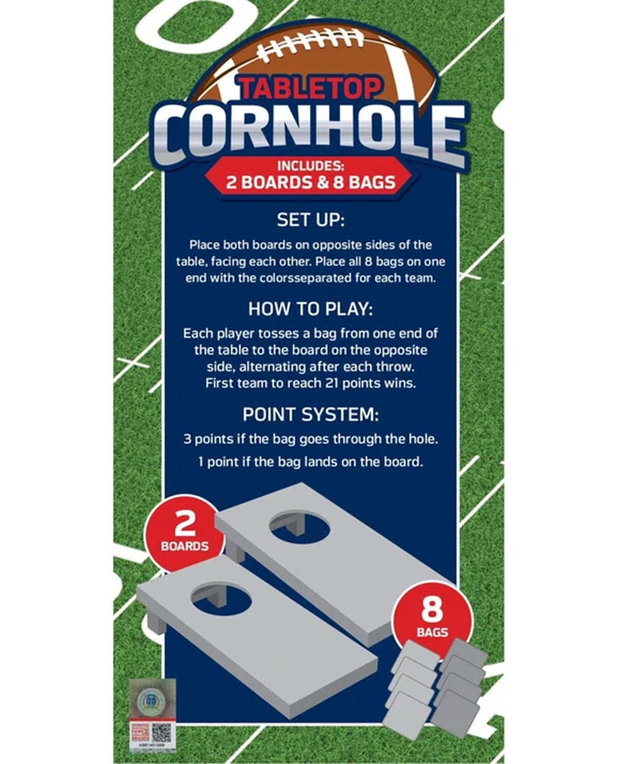 Front packaging of a tabletop cornhole set on a green turf-style background. The package shows the product name 'Tabletop Cornhole,' an illustration of a football, and text describing what is included: 2 boards and 8 bags.