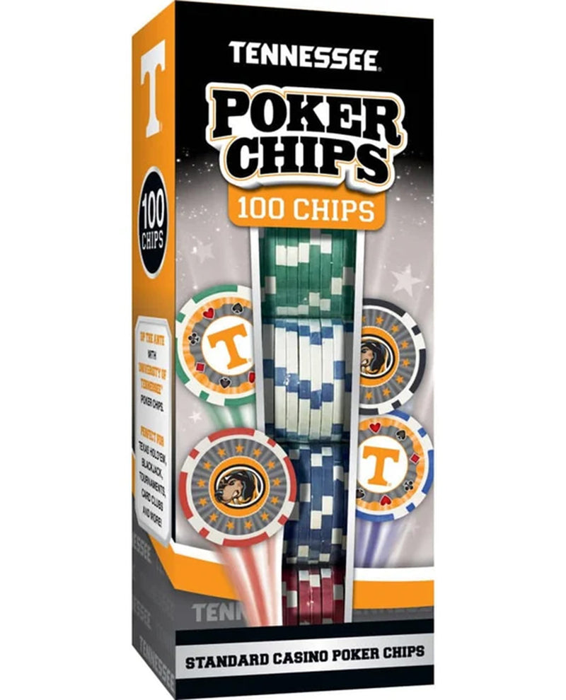Tennessee Tennessee State University themed 100-piece standard casino poker chip set in its retail packaging, featuring orange, black, white, and gray colors with the Tennessee 'T' logo.