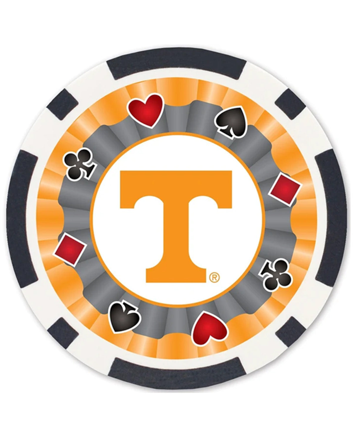A circular poker chip featuring the Tennessee Volunteers logo, with orange, gray, black, white, and red playing card suit accents.