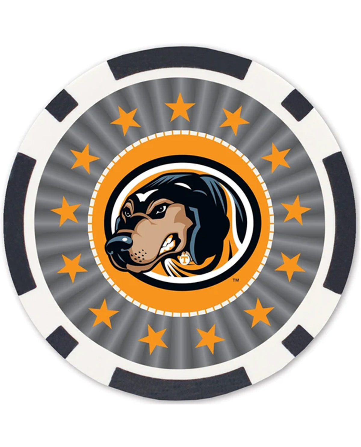 A circular gaming-style chip design featuring a dachshund mascot logo in the center, surrounded by orange stars on a gray sunburst background with a white outer rim and black segment accents.