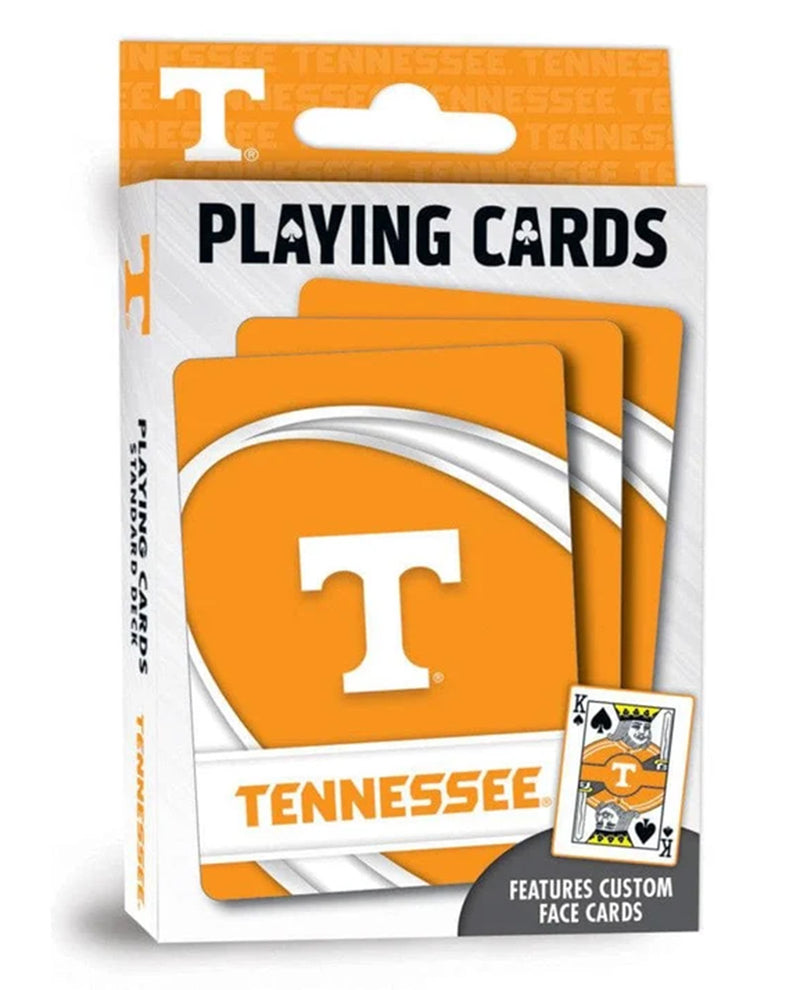 Boxed playing cards featuring the Tennessee Volunteers logo and colors, with three orange-backed cards fanned out in front of the package. The packaging is white and orange with black text reading 'PLAYING CARDS' and 'TENNESSEE'.
