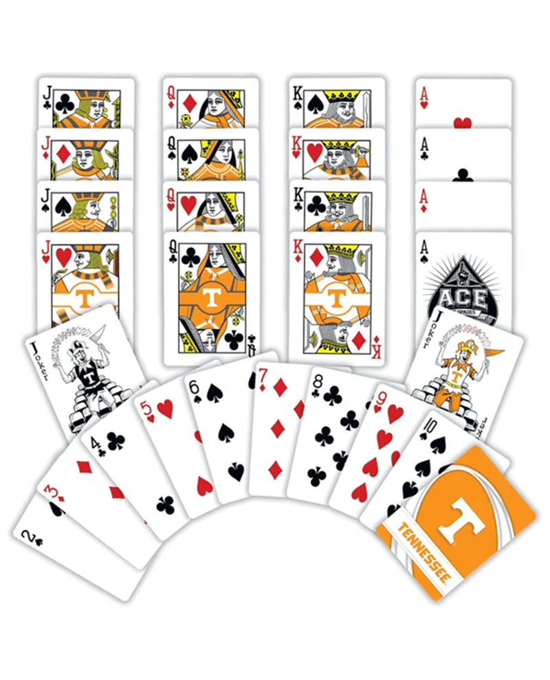A set of playing cards themed around the University of Tennessee, featuring orange and white cards with the Tennessee Volunteers logo and mascot, arranged on a plain white background.
