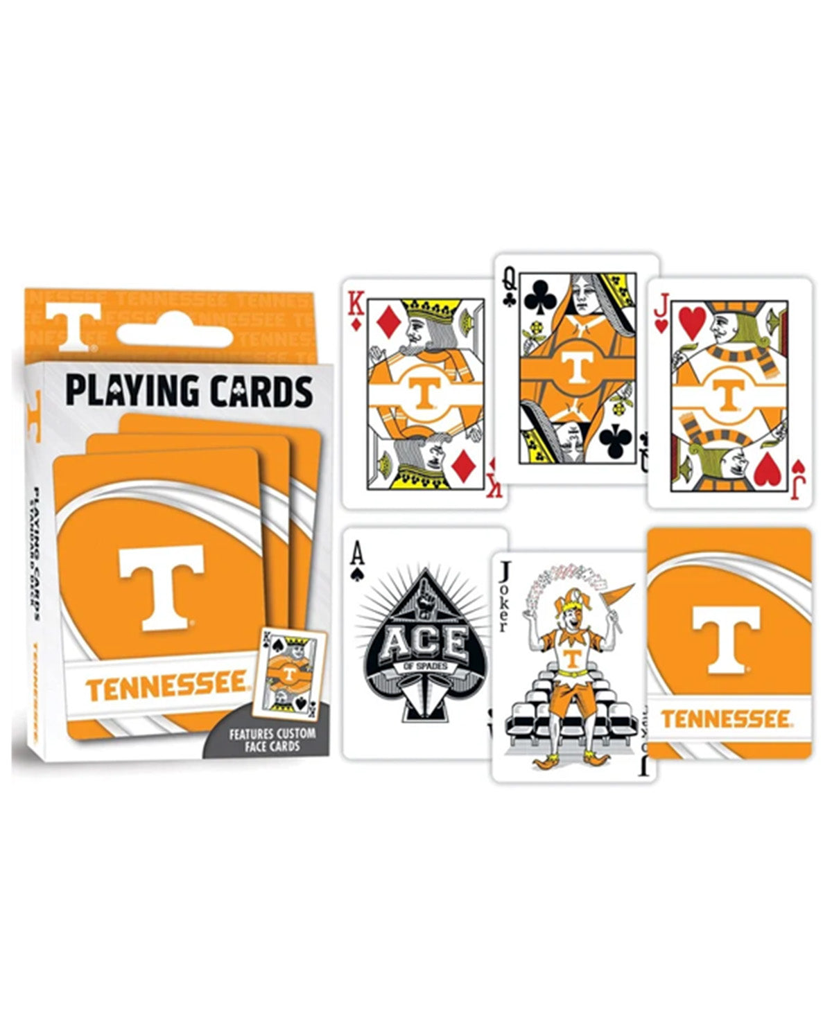 Tennessee themed playing cards set with a retail box, several face-up cards, and one face-down card on a plain white background.