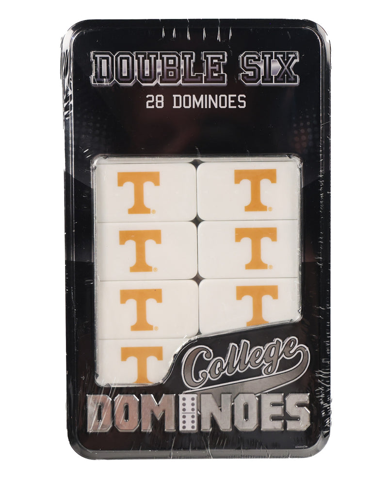 Tennessee Volunteers Double Six College Dominoes set in a black metal tin, featuring white dominoes with orange 'T' logos.