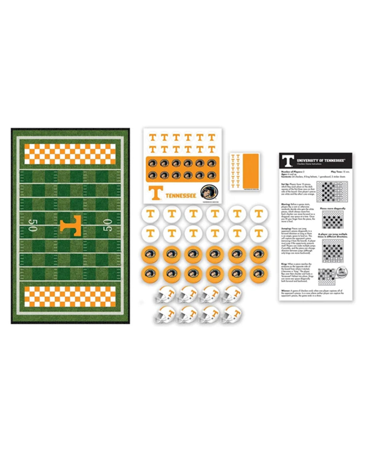 Tennessee Volunteers themed board game components laid out on a white background, including a football field game board, letter tiles, circular letter stickers, dice, and an instruction sheet.