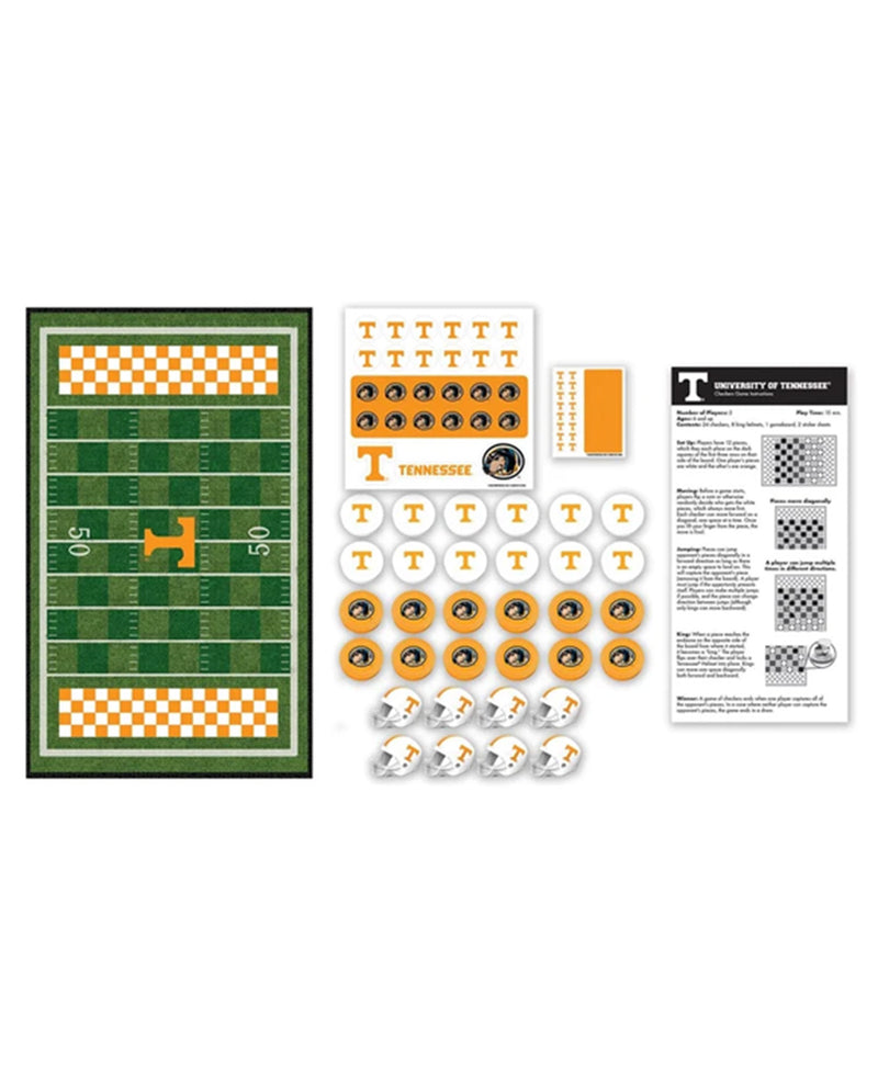 Tennessee Volunteers themed board game components laid out on a white background, including a football field game board, letter tiles, circular letter stickers, dice, and an instruction sheet.