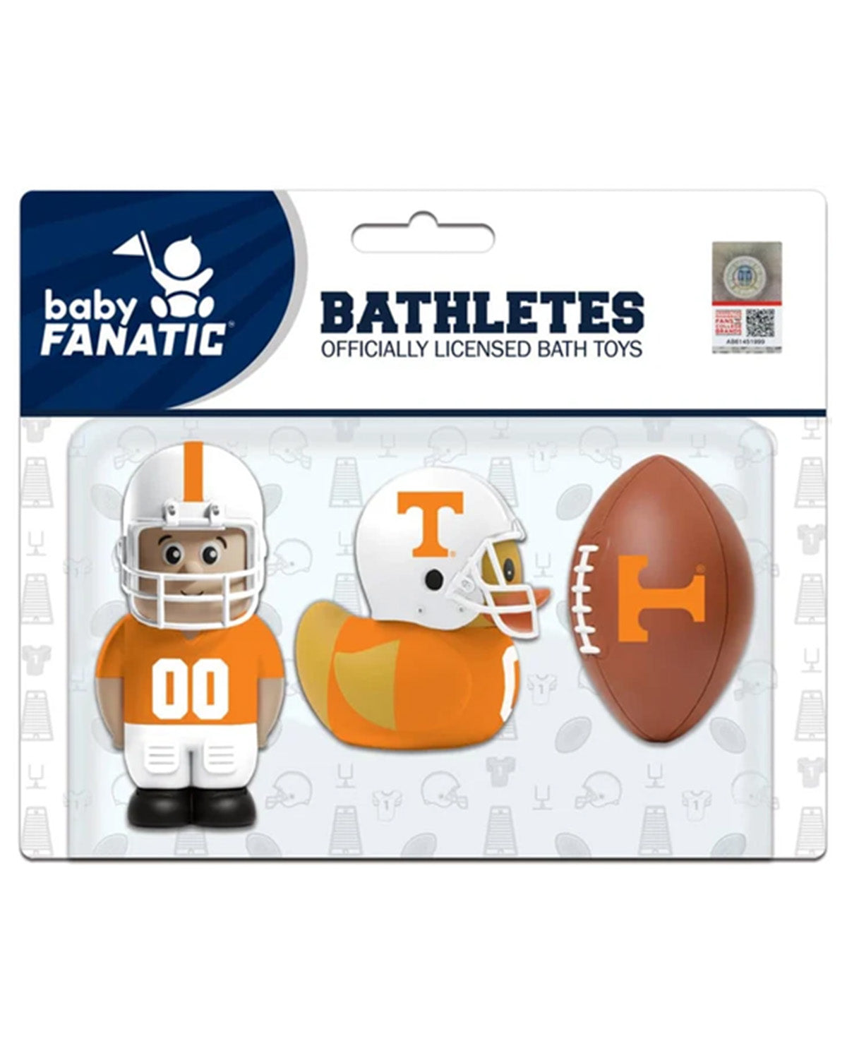 Baby Fanatic Bathletes officially licensed bath toys set featuring Tennessee Volunteers themed figures and accessories, including a football player toy, a rubber duck, and a football, in retail packaging.