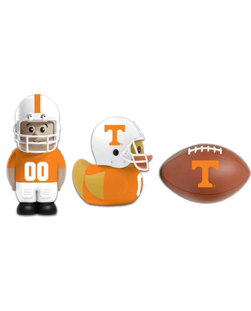 A Tennessee Volunteers themed toy set featuring a football player figurine, a rubber duck with a helmet, and a football, all in orange, white, and brown colors.