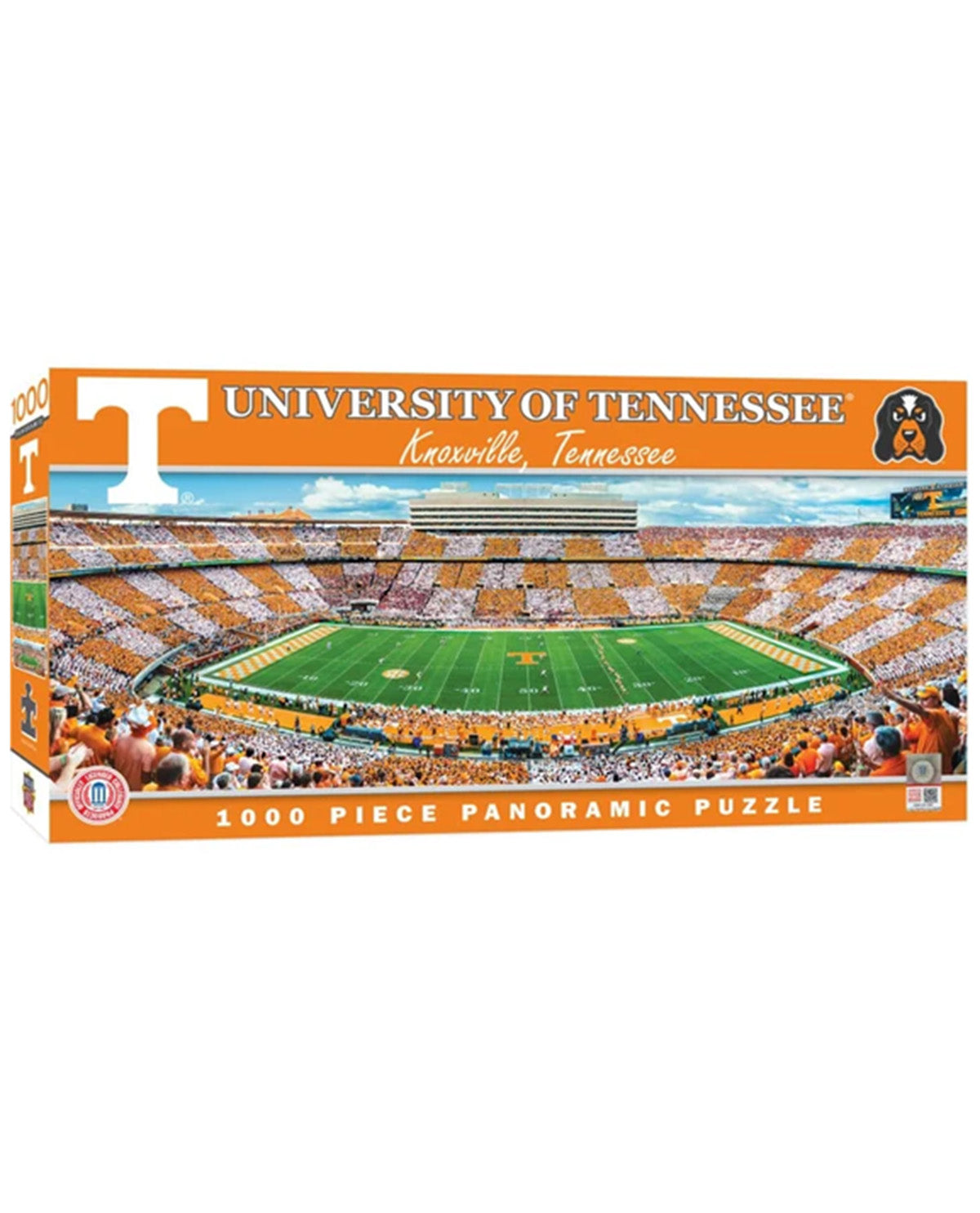 A 3000-piece panoramic jigsaw puzzle box for the University of Tennessee, featuring a vibrant stadium scene with a green football field and orange stands, on a white background.