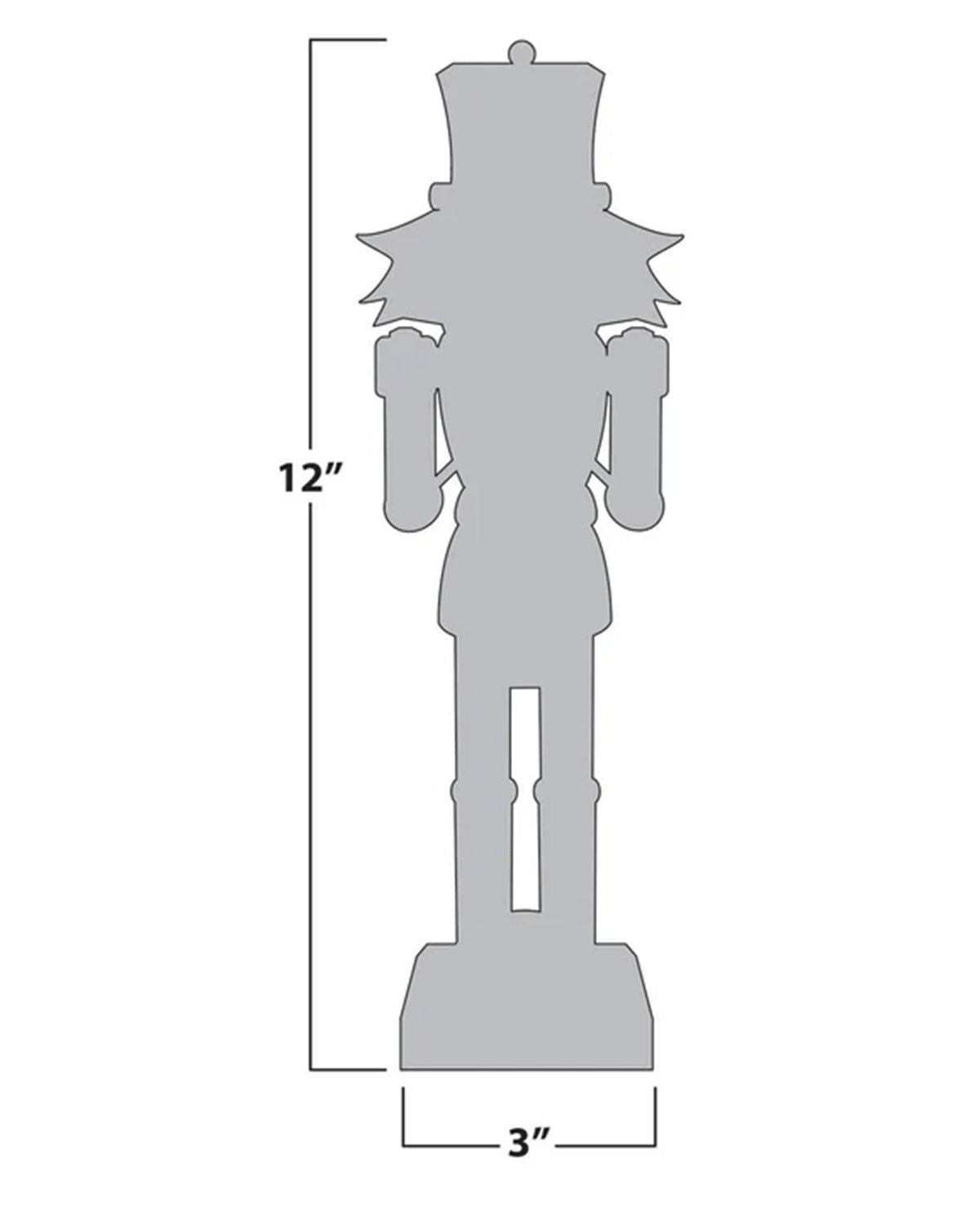 A gray silhouette of a nutcracker-shaped product with dimension lines showing a height of 12 inches and a base width of 3 inches on a white background.