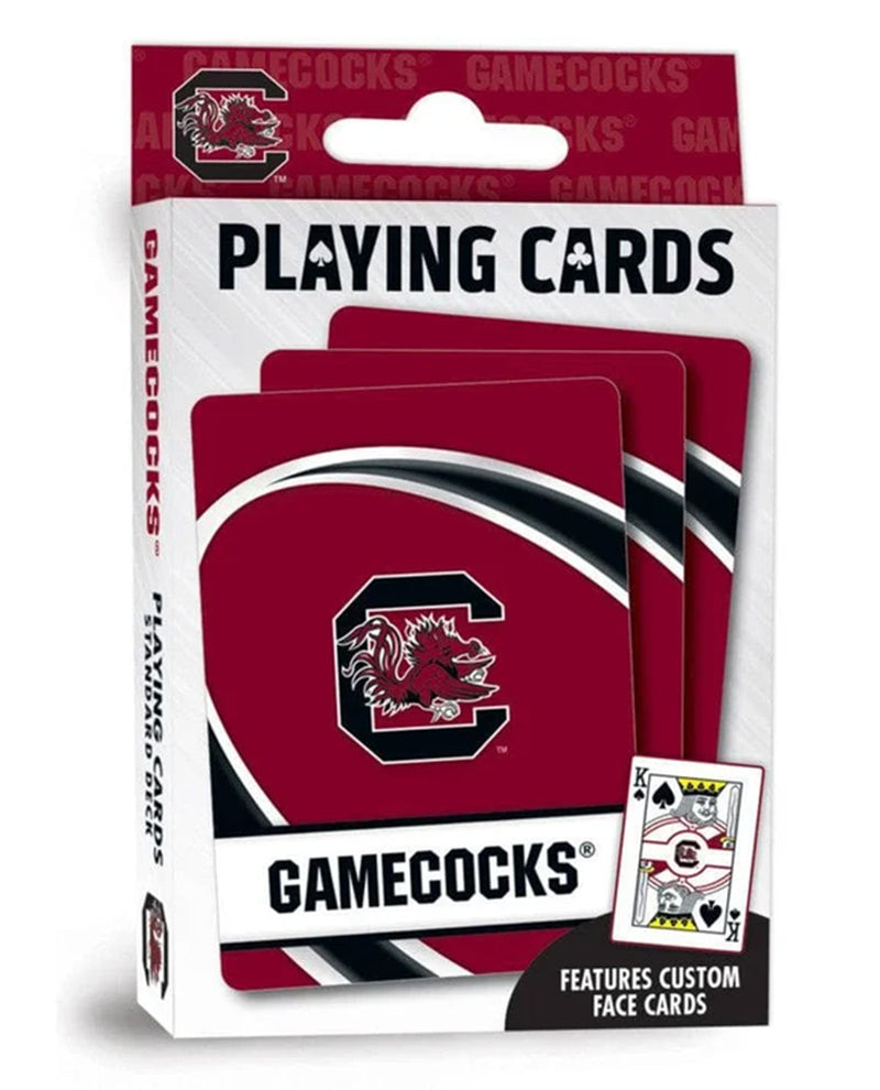Gamecocks Playing Cards retail box showing three card backs in maroon, black, and white, with a small inset of a custom face card on a white background.