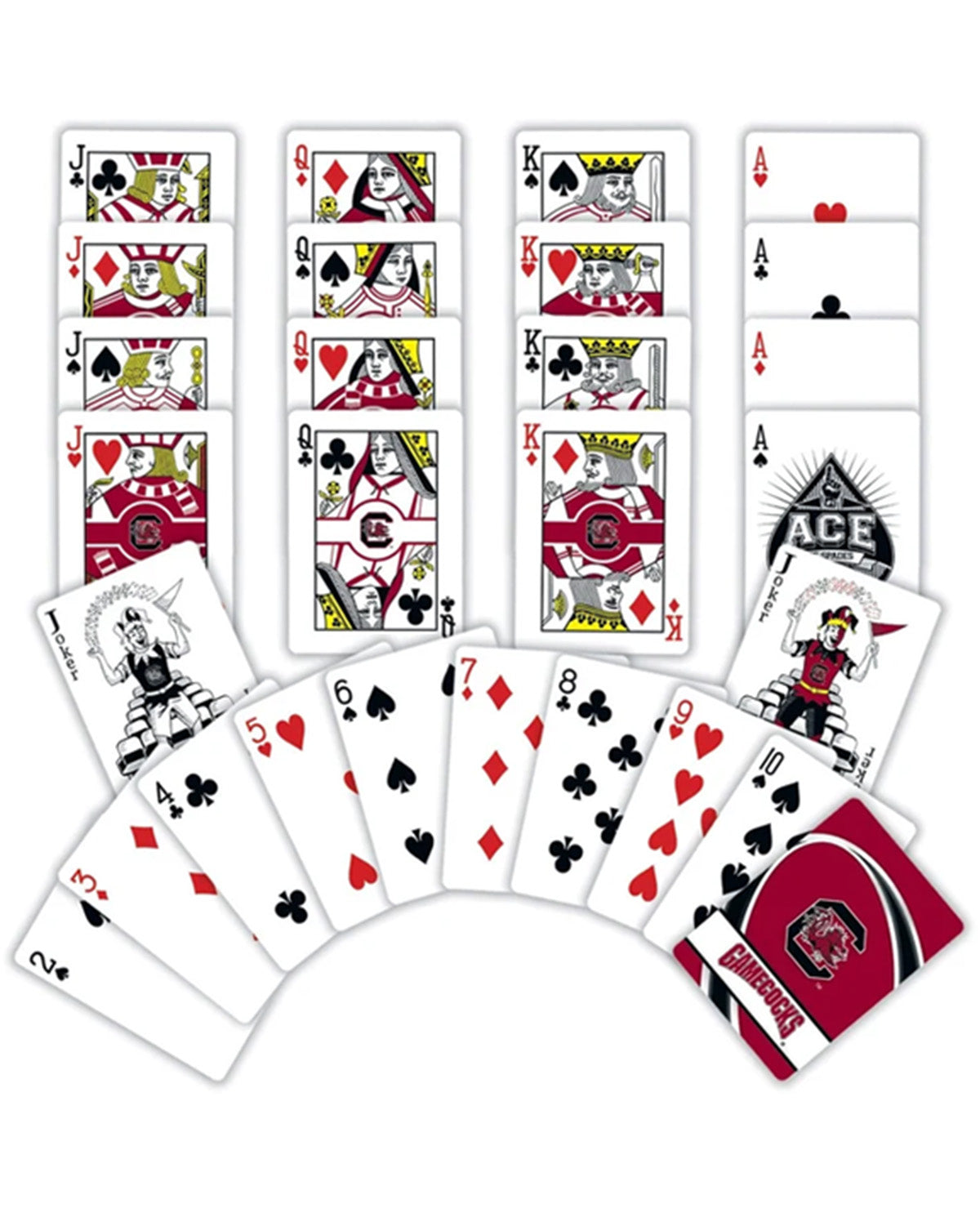 A set of playing cards arranged on a white background, with several cards standing upright in columns and a fan of cards spread across the bottom. The cards feature traditional suit designs with red, black, white, and gray, plus a card back design in red and black.