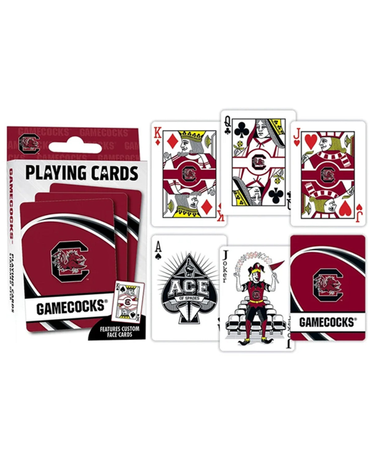 Custom playing cards featuring the South Carolina Gamecocks logo and branding, shown with the retail packaging on the left and several sample cards fanned out on the right against a white background.