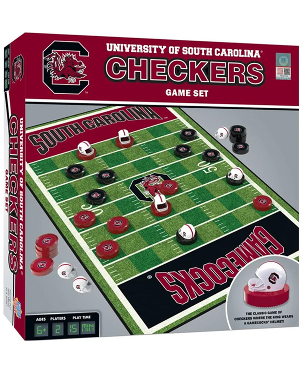 University of South Carolina Checkers game set box showing a football-field styled board with red, black, and white pieces and team branding.
