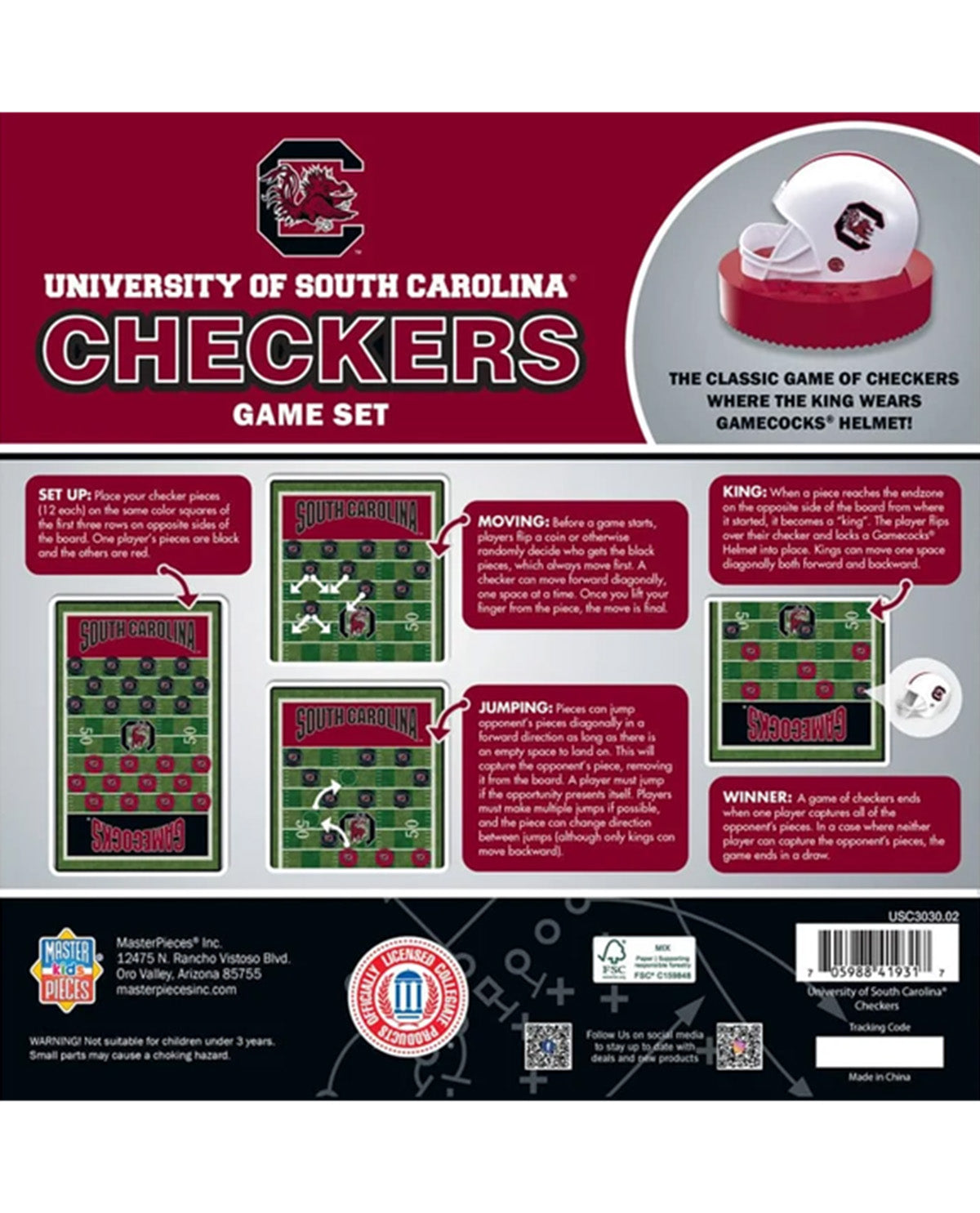Back of a University of South Carolina Checkers game set package, showing the board, pieces, helmet, and rules callouts on a dark red and black background.