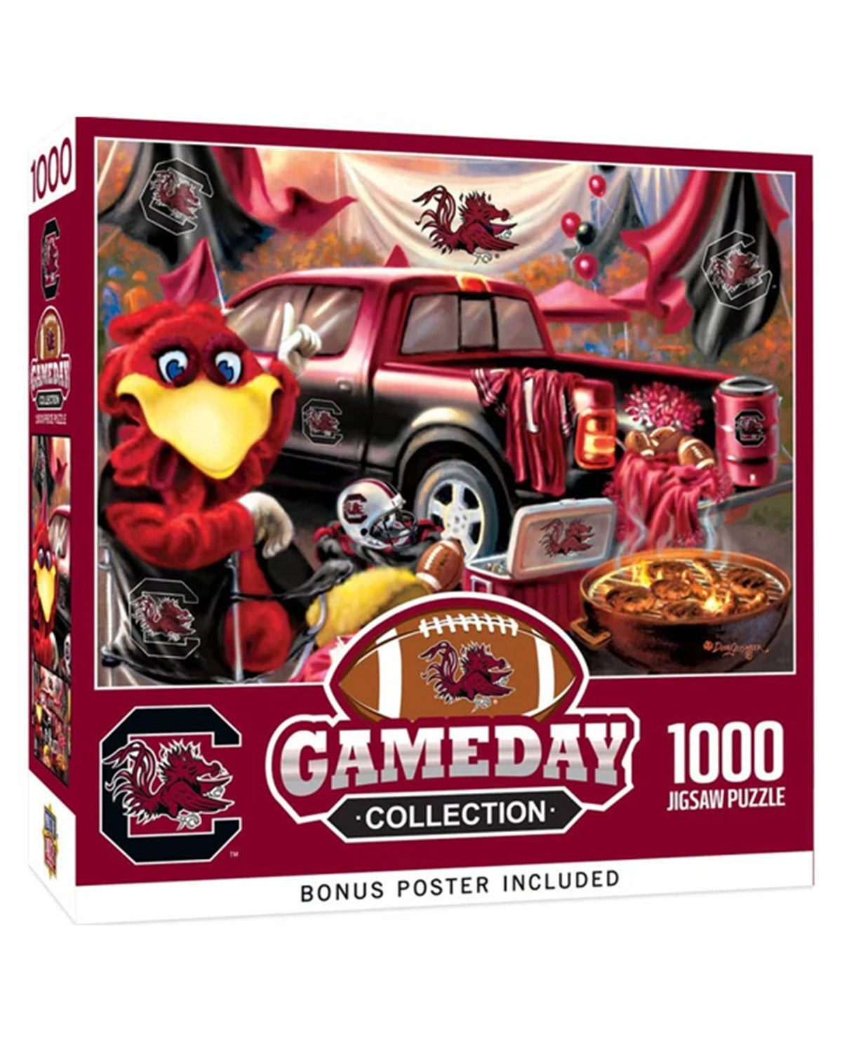 A 1000-piece jigsaw puzzle box from the Gameday Collection featuring a colorful illustration of a red truck, a red wild goose mascot, a football, and the University of South Carolina logo.