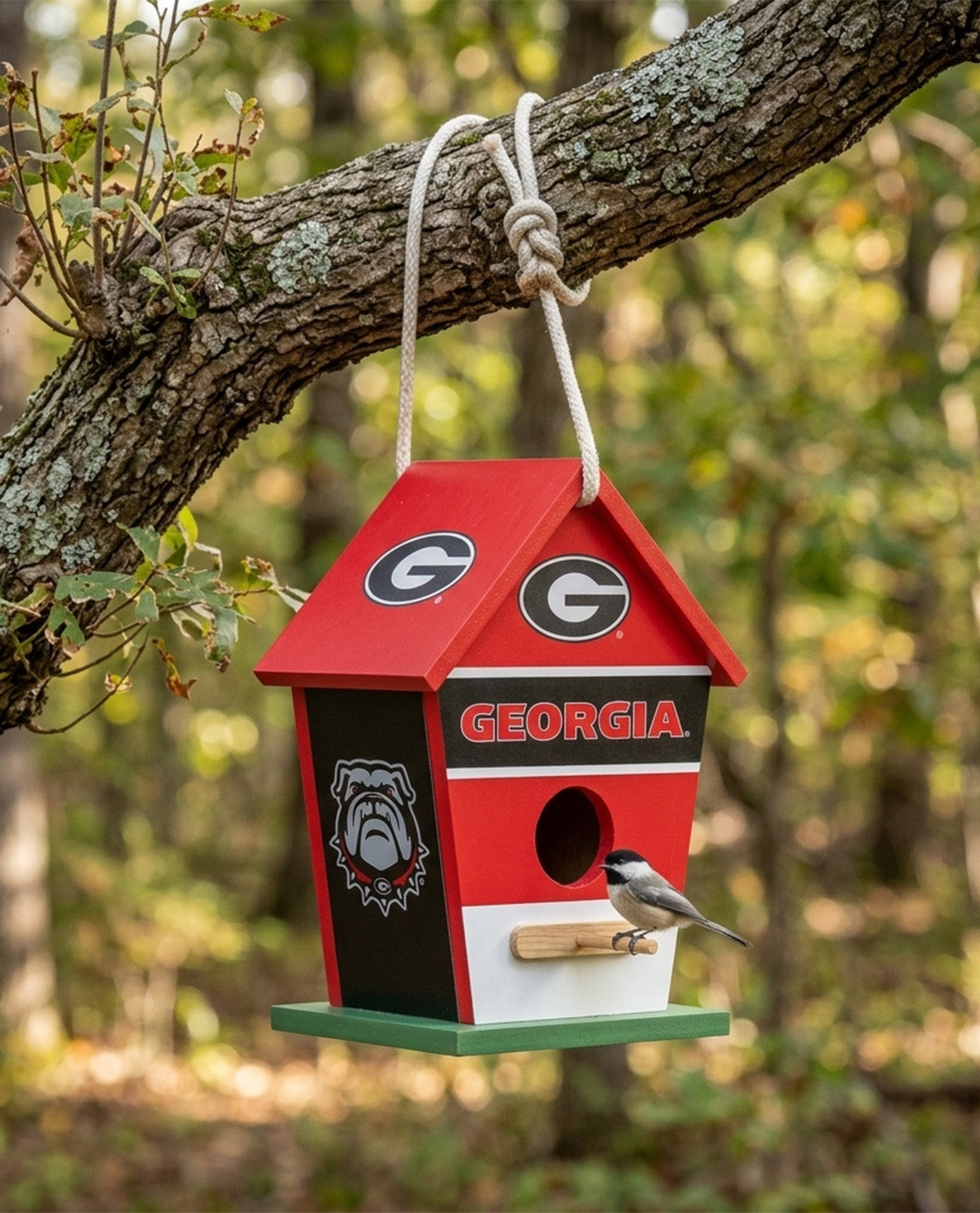 A red, black, and white Georgia Bulldogs birdhouse hanging from a tree branch outdoors, with a small bird perched on the front.