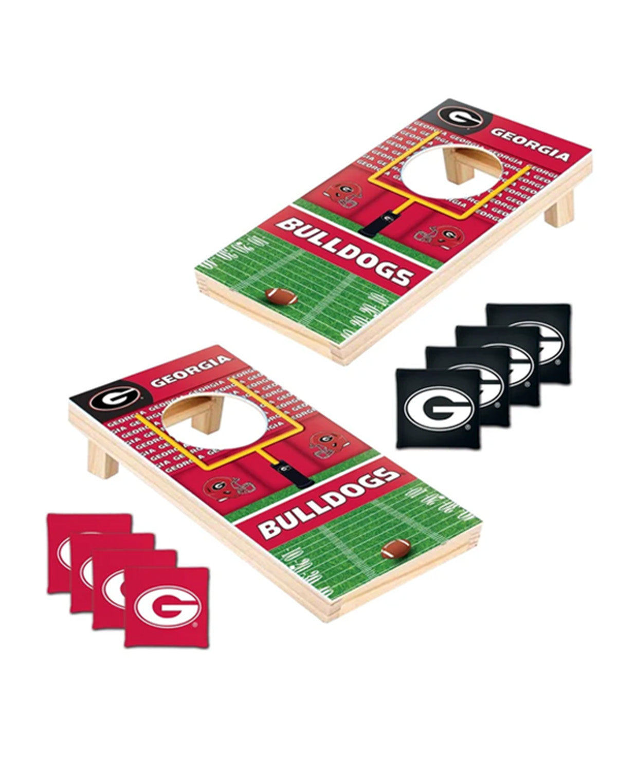 Georgia Bulldogs cornhole set with two wooden boards printed with a football field design, four black square bean bags, and four red square bags, all shown on a white background.
