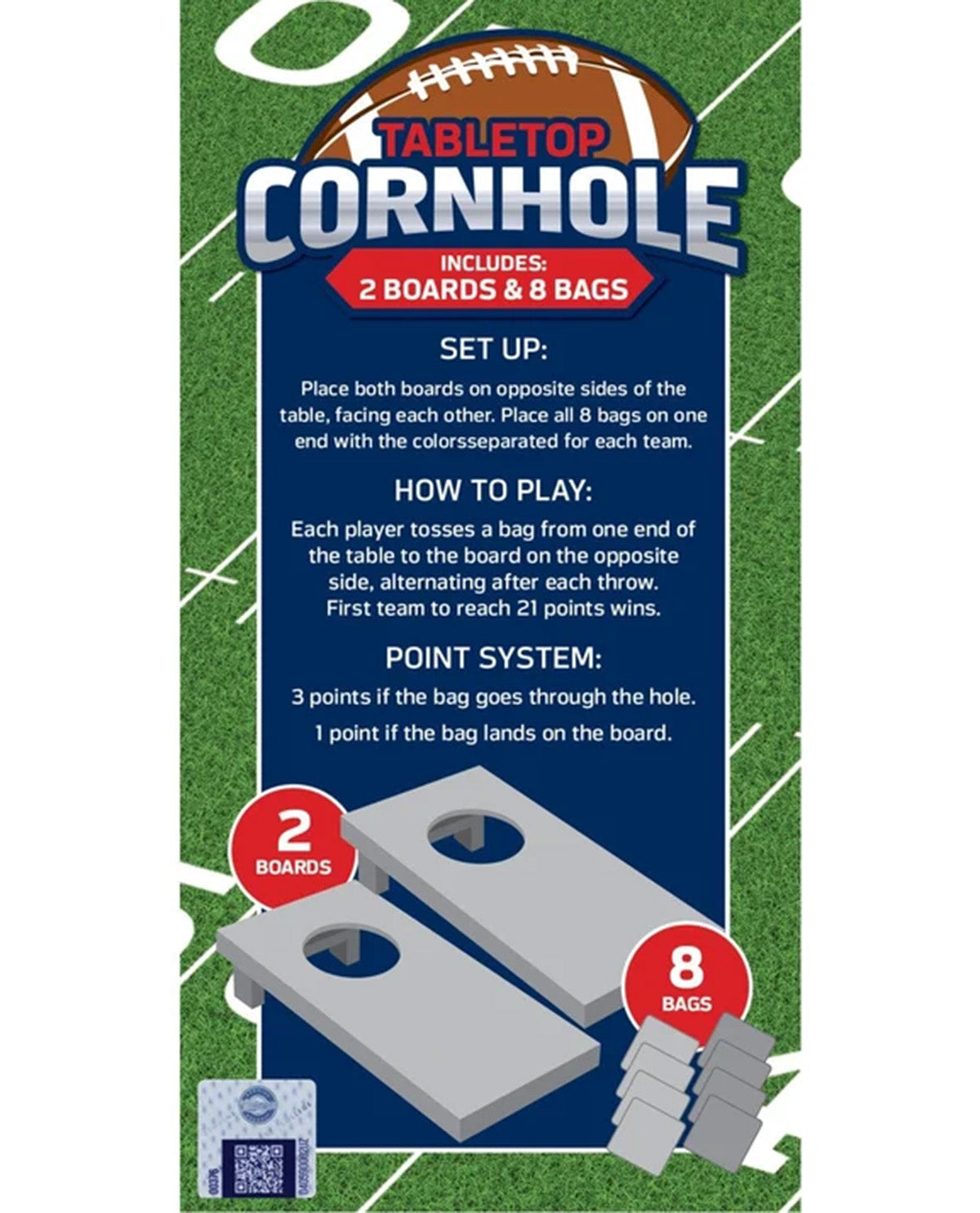 Front packaging panel for Tabletop Cornhole, showing the included 2 boards and 8 bags, with setup and how-to instructions on a football-field-style background.
