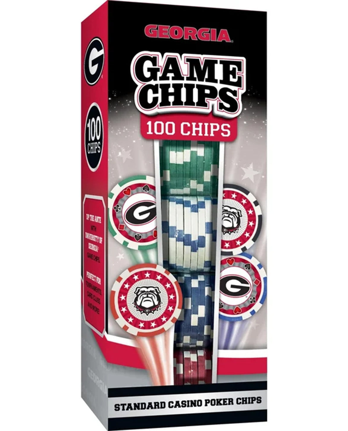 A boxed set of 100 standard casino poker chips from Georgia, shown in its retail packaging against a plain white background.
