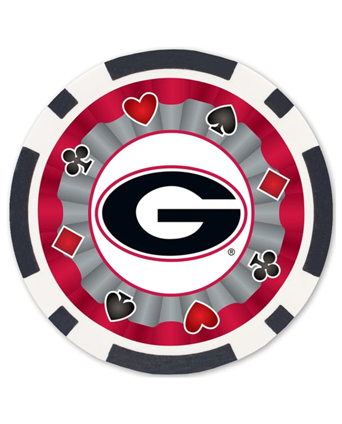 A circular gaming-style chip featuring the Georgia Bulldogs logo, with red, white, and gray concentric rings, black edge segments, and playing card suit icons including hearts, clubs, diamonds, and spades.