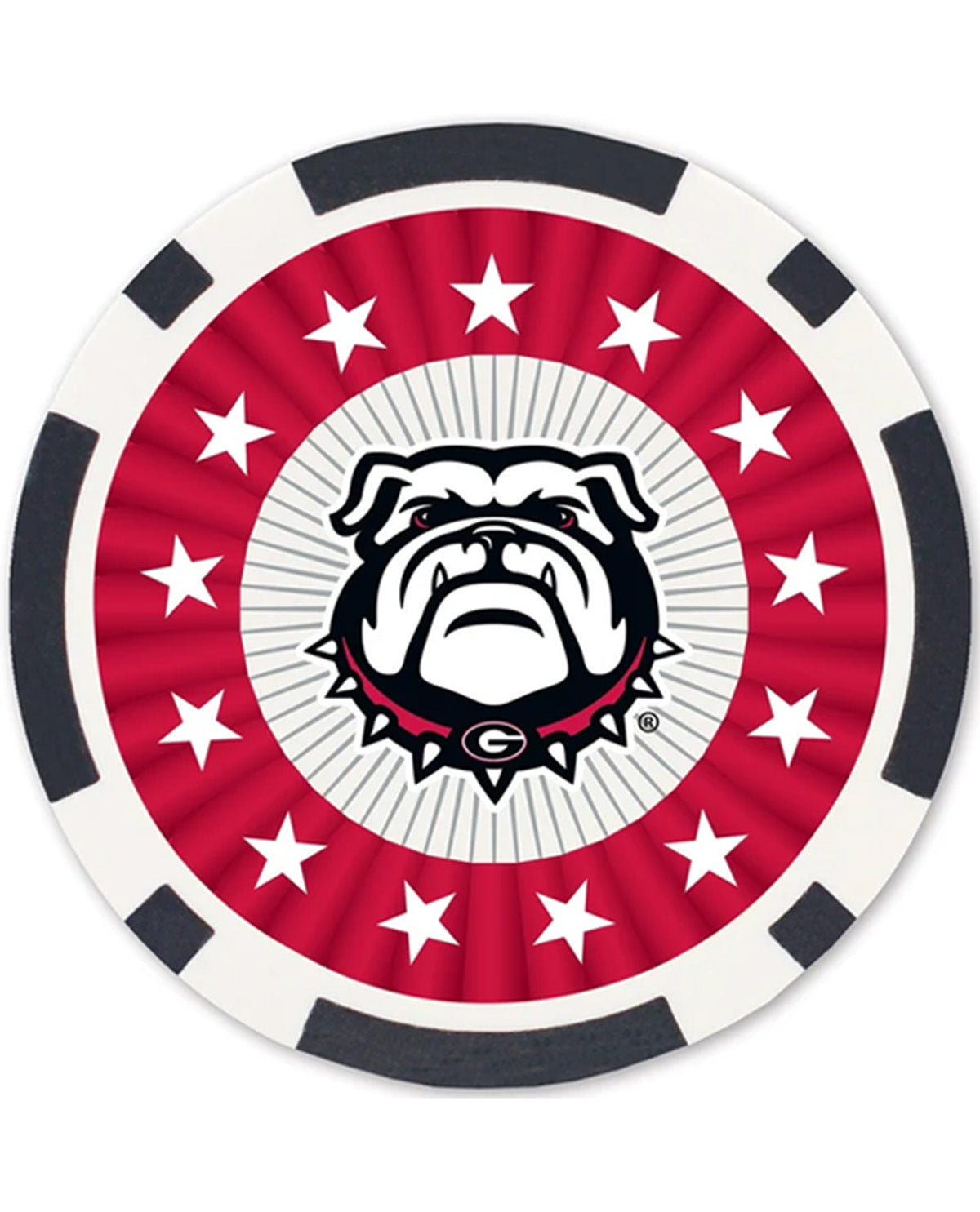 A circular red, white, and black chip-style graphic featuring the Georgia Bulldogs bulldog mascot logo in the center, surrounded by white stars on a red ring and black segmented outer edges.