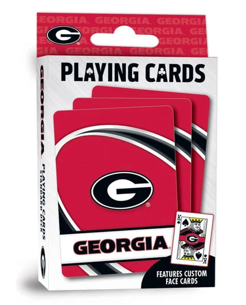 Georgia Bulldogs playing cards in retail packaging, showing red cards with black, white, and gray graphics and the Georgia 'G' logo. The box reads 'PLAYING CARDS' and 'GEORGIA', with a small inset showing a custom face card.