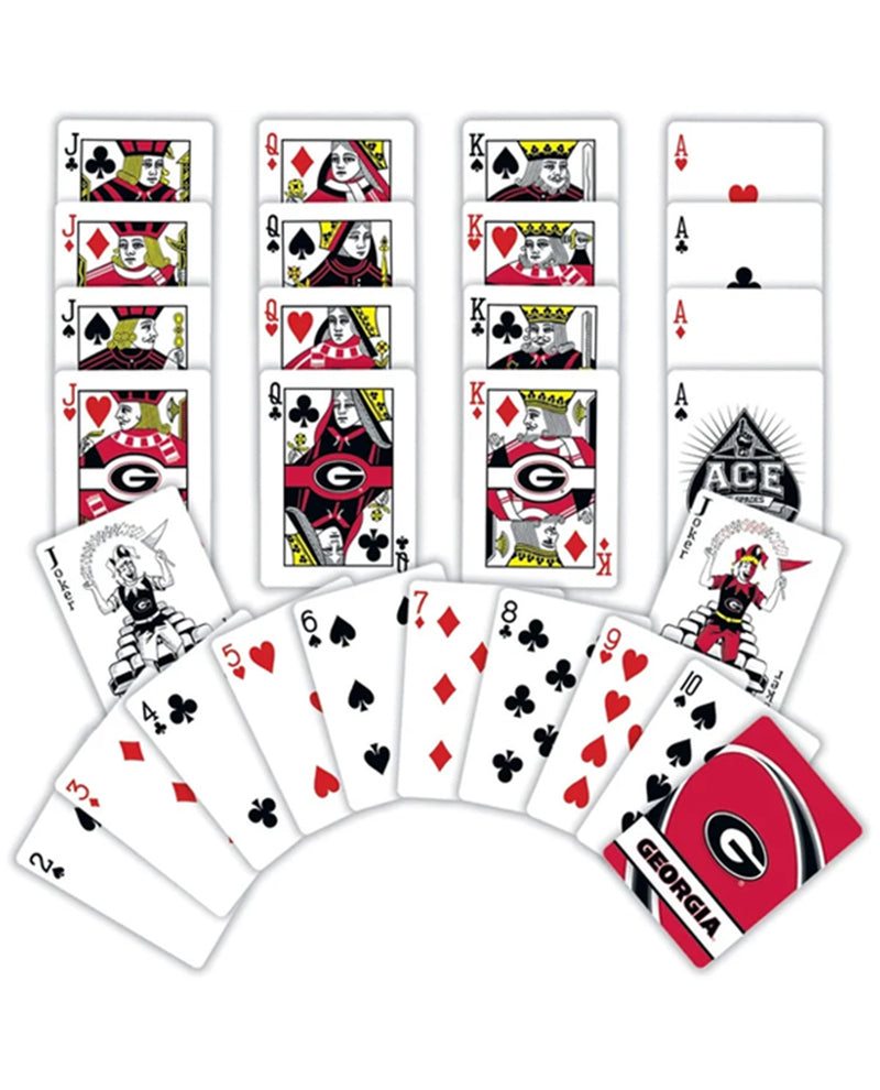 A set of playing cards arranged on a white background, featuring 13 face-up cards in three columns and 13 face-down cards fanned out below. The cards include suits and royal cards with a prominent Georgia Bulldogs logo on several cards and the back of another card.