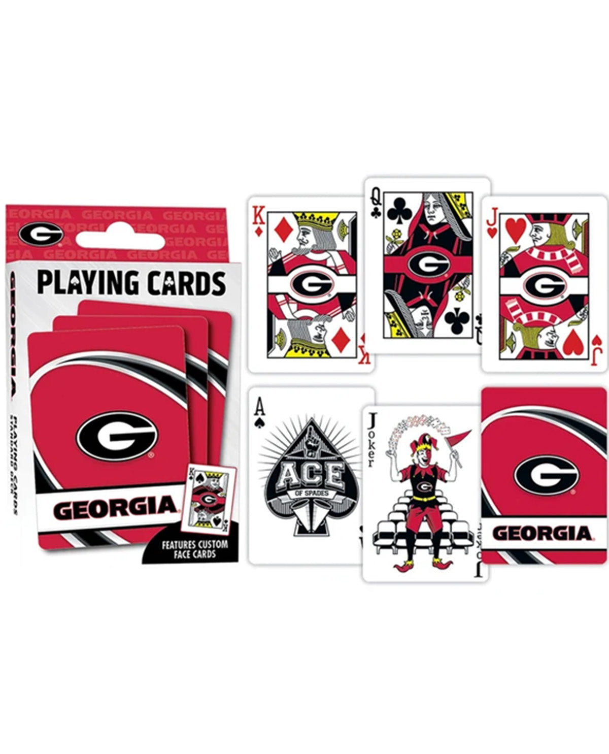 A pack of custom playing cards featuring the University of Georgia Bulldogs logo and team colors, displayed alongside several sample cards showing different suit designs.