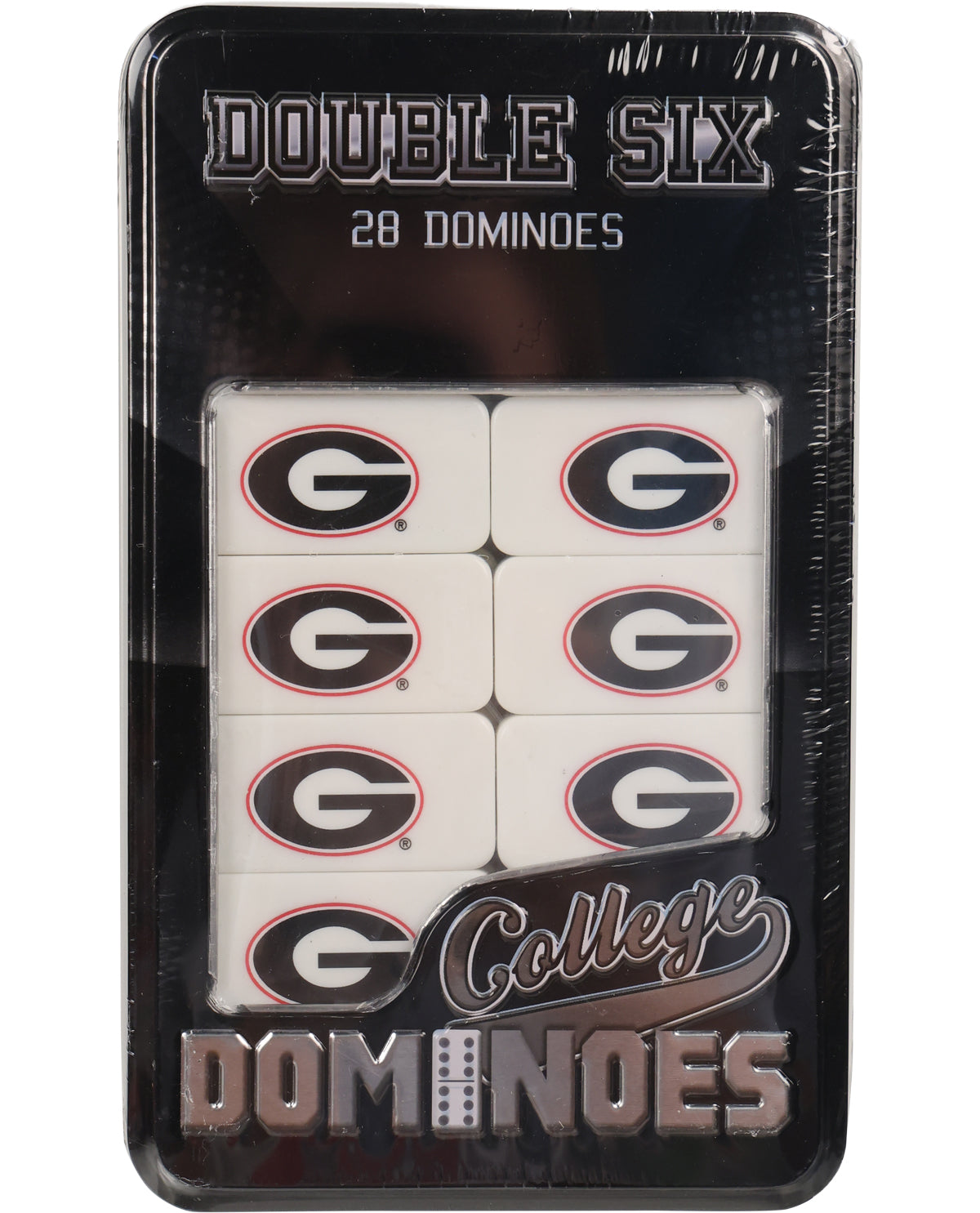 A packaged set of 28 double six dominoes featuring the Georgia Bulldogs logo. The dominoes are white with a black and red Georgia 'G' logo, presented inside a black metal tin with 'DOUBLE SIX' and 'College DOMINOES' printed on the front.