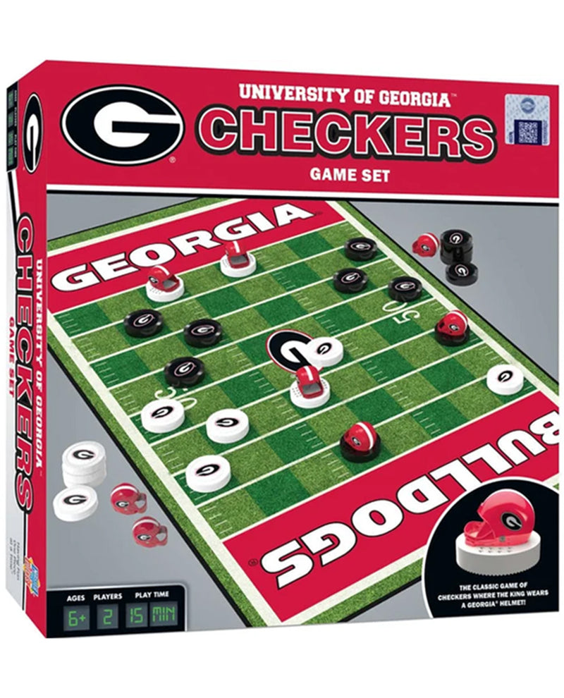 University of Georgia Checkers Game Set box showing a football-field-themed board game with Georgia Bulldogs branding, red and white pieces, and a gray background around the product.