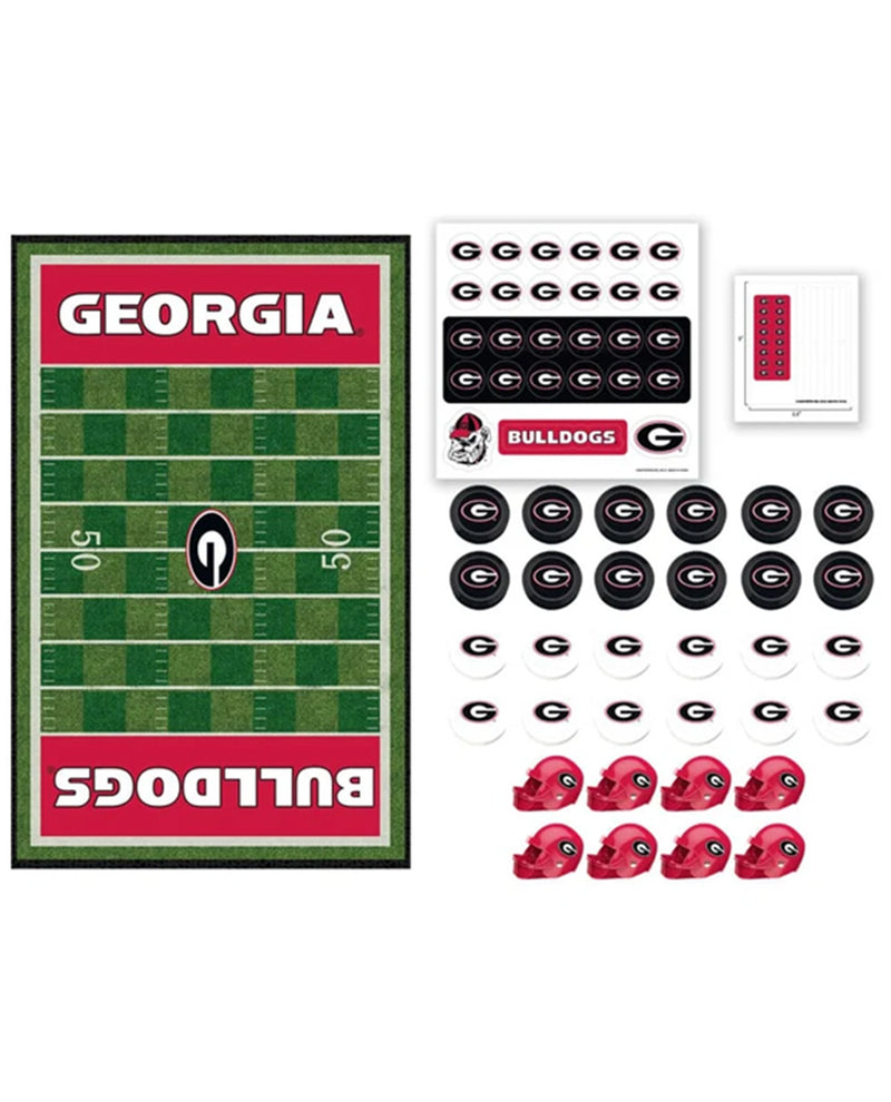 Georgia Bulldogs themed wall decal kit featuring a football field rug, stickers, and helmet decals on a white background.