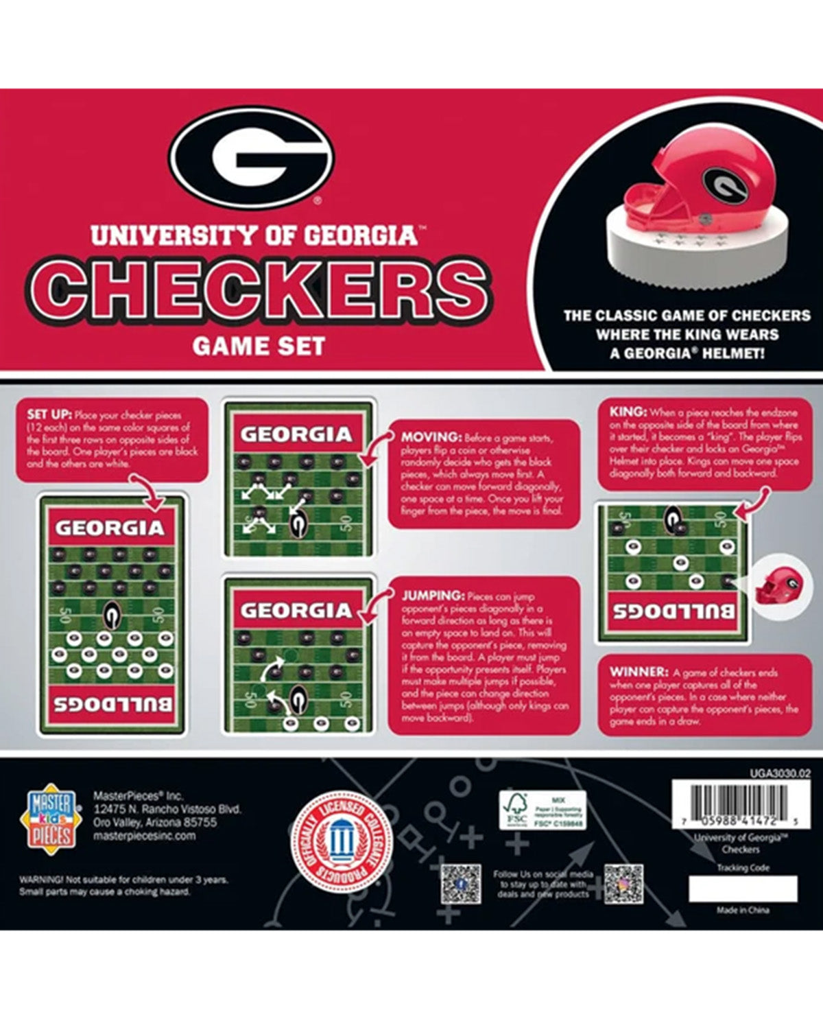 Back of a University of Georgia Checkers game set box or package, showing the product title, rules callouts, sample checkers boards, a helmet graphic, and branding including the Georgia Bulldogs logo and MasterPieces branding.