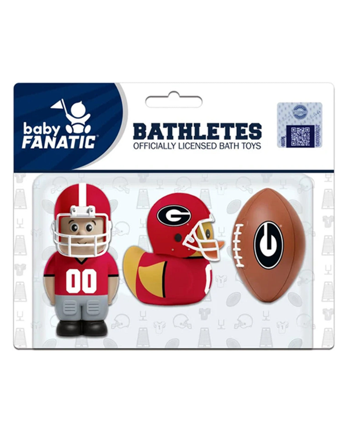 Baby Fanatic Bathletes officially licensed bath toys set featuring a football player figurine, a duck, and a football on a white blister card with a blue and white header.