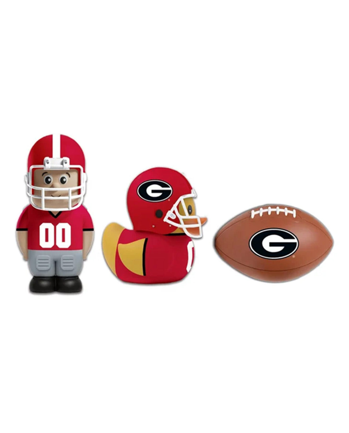 A set of Georgia Bulldogs themed football toys on a white background, including a minifigure in a red jersey, a red and gold rubber duck with a helmet, and a brown football with a large 'G' logo.
