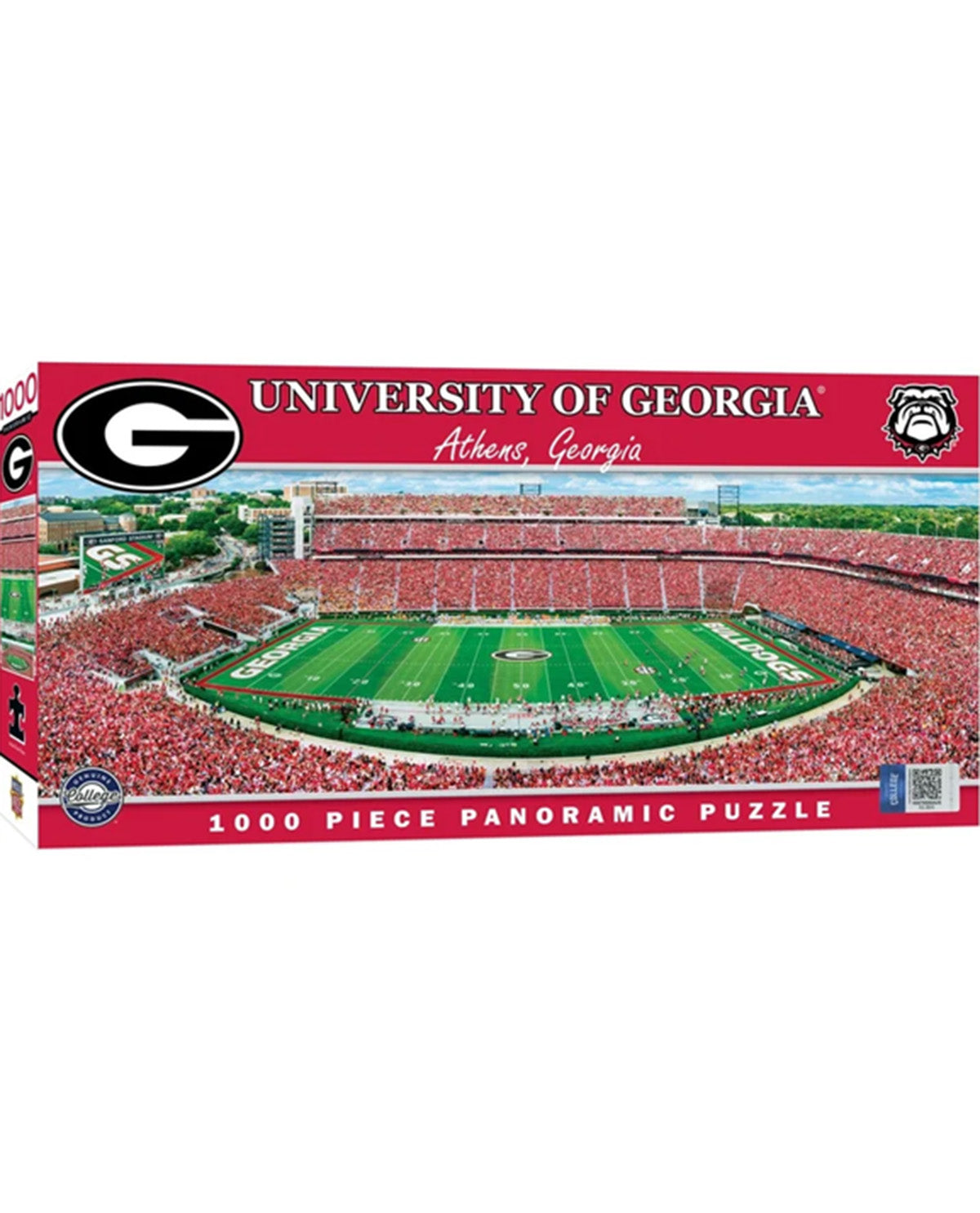 A 1000-piece panoramic jigsaw puzzle box featuring a University of Georgia football stadium scene in Athens, Georgia. The box has a red top and bottom border with the text 'UNIVERSITY OF GEORGIA' and 'Athen, Georgia,' the Georgia 'G' logo on the left, and the Bulldogs mascot logo on the right.