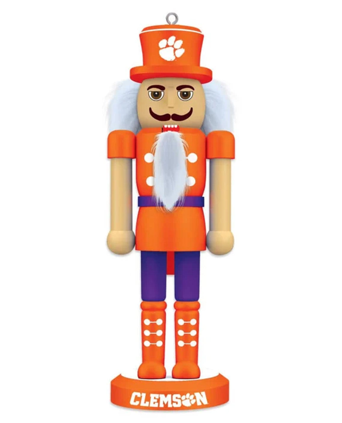 A Clemson Tigers themed wooden nutcracker figurine on a solid white background. The character features an orange and purple uniform, a white beard, and a matching orange top hat with the white Clemson paw print logo.