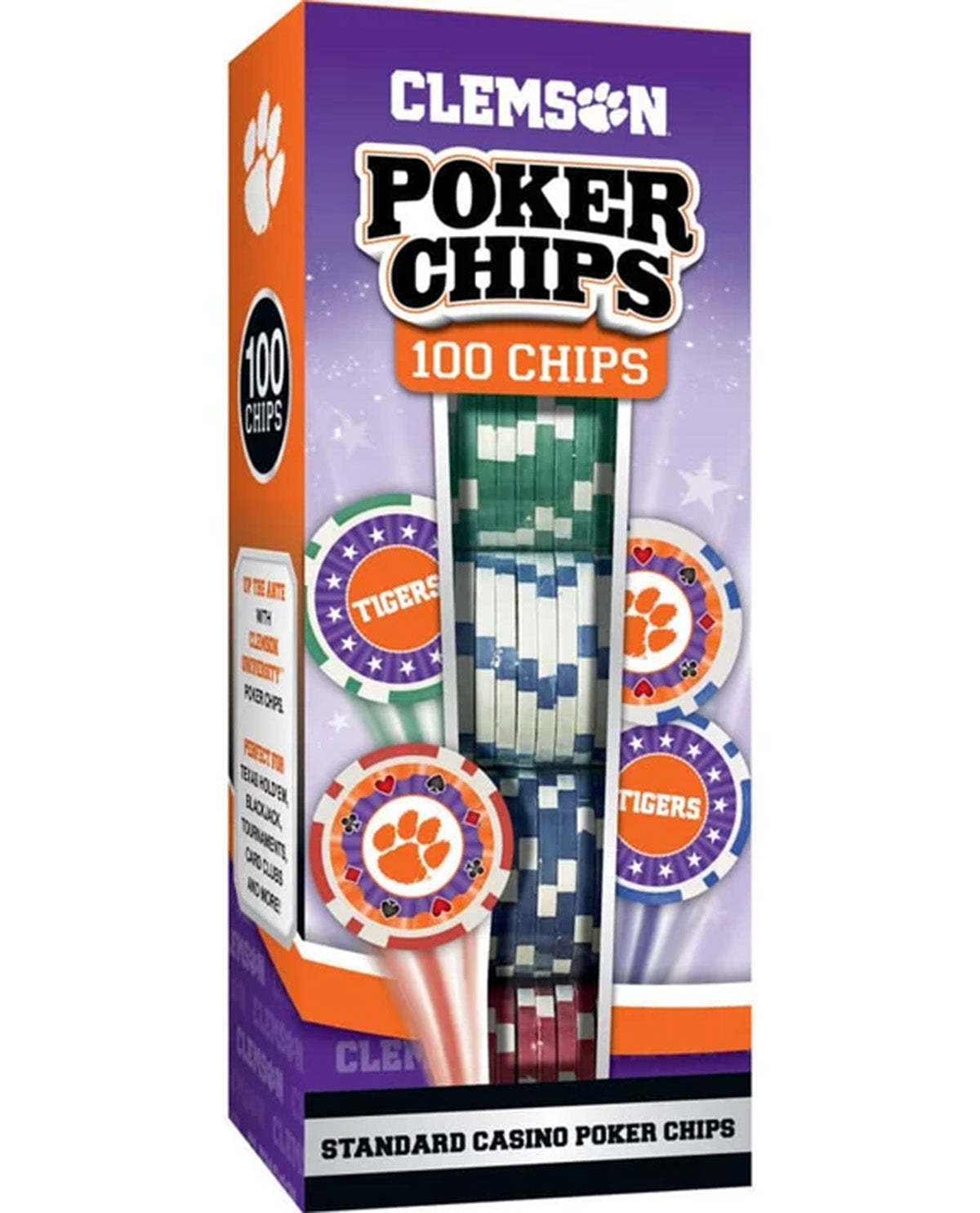 Boxed Clemson Tigers 100-piece poker chip set, featuring a purple and orange retail package with illustrations of the chips inside and branded tiger paw logos.