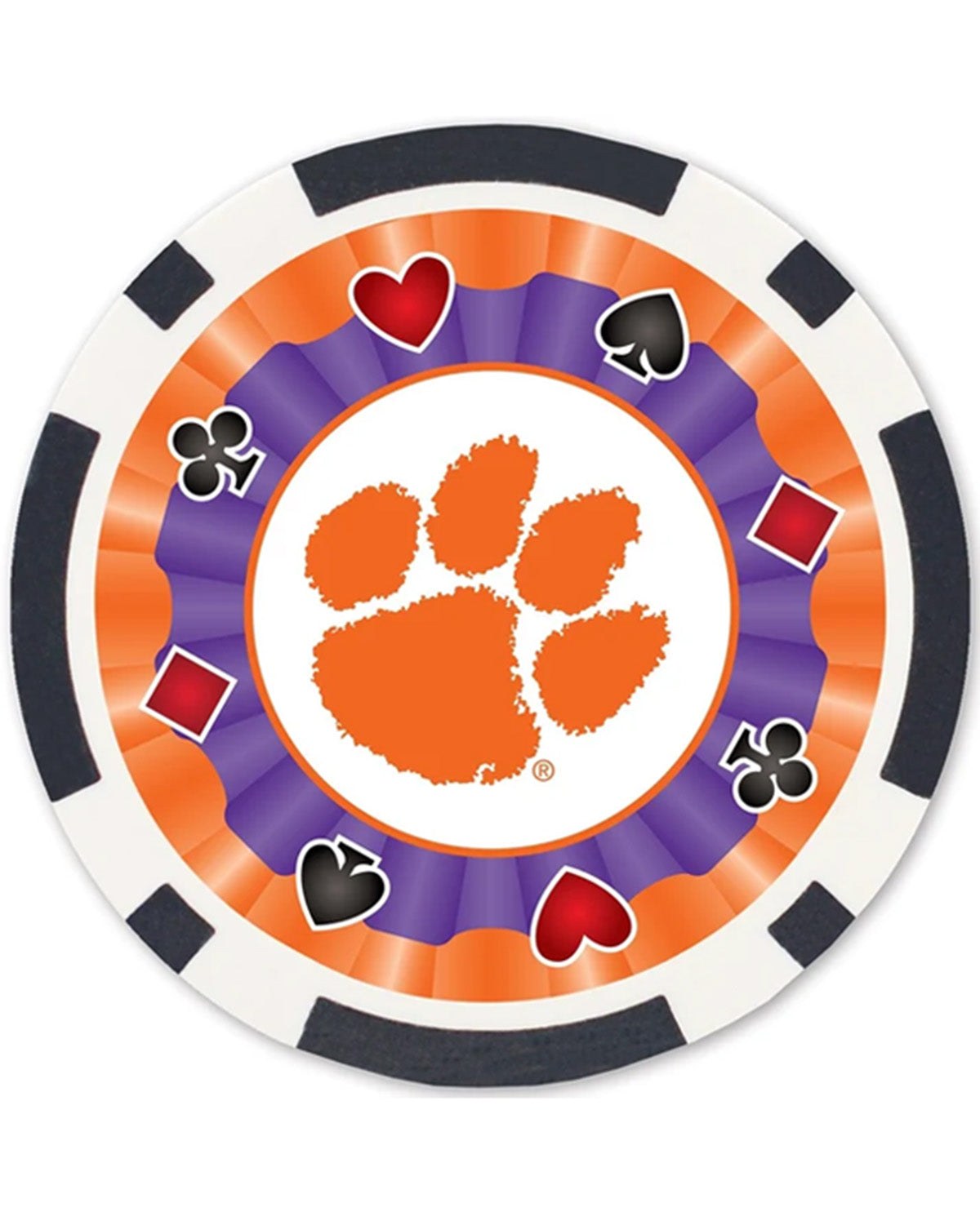 A circular casino-style chip design featuring the Clemson Tigers paw print logo in orange at the center, surrounded by purple and orange rings with red hearts, black and white playing card suits, and a black-and-white outer rim.