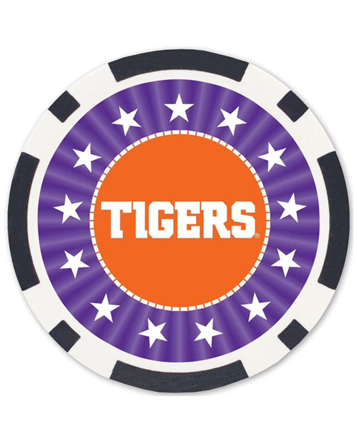 A circular novelty chip-style graphic with the word TIGERS in white on an orange center, surrounded by a purple ring with white stars, and a black-and-white outer rim.