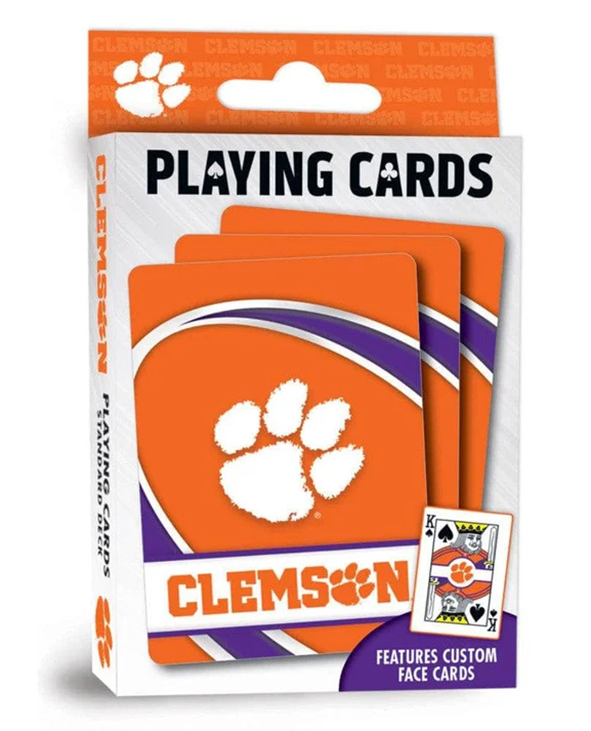 Clemson Tigers playing cards in retail packaging, showing orange card backs with a white paw print logo, a purple side panel, and a small sample of face cards at the lower right.