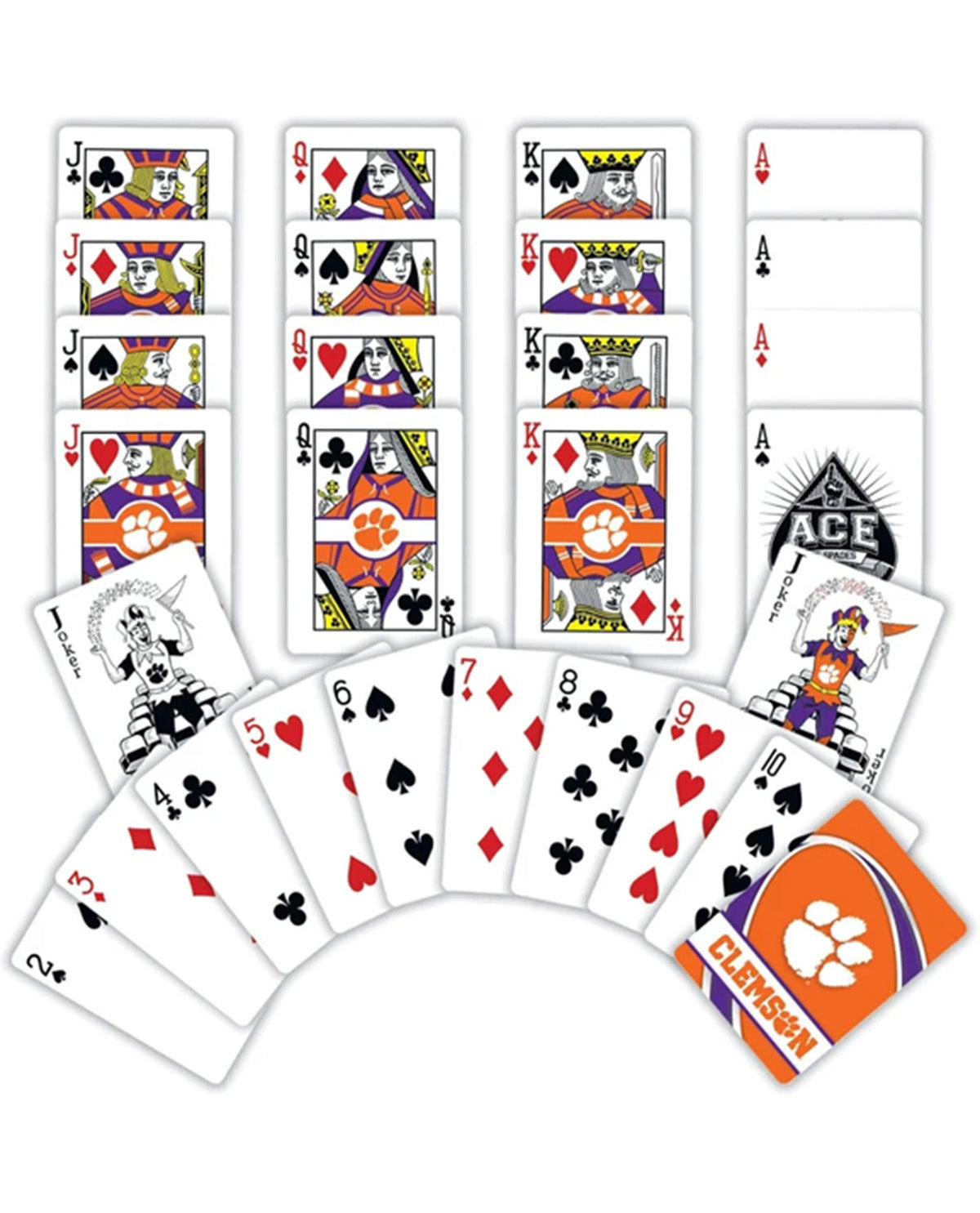 A set of playing cards arranged on a white background, with three vertical columns of cards and a fan of cards across the bottom. The cards feature a Clemson Tigers theme, including team icons, suits, and a visible Clemson brand card.