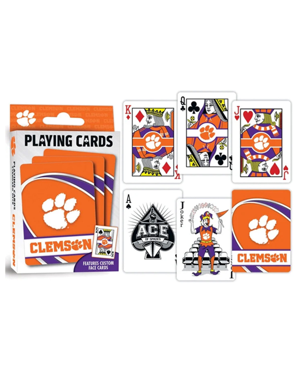 Clemson Tigers themed playing cards set with a retail box, several face-up cards, and face-down cards on a plain white background.