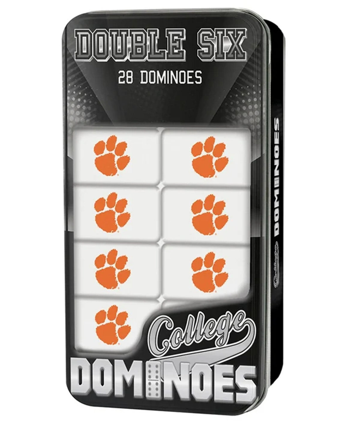 College Double Six Dominoes set in a black metal tin, featuring white domino tiles with orange Clemson Tigers paw prints.