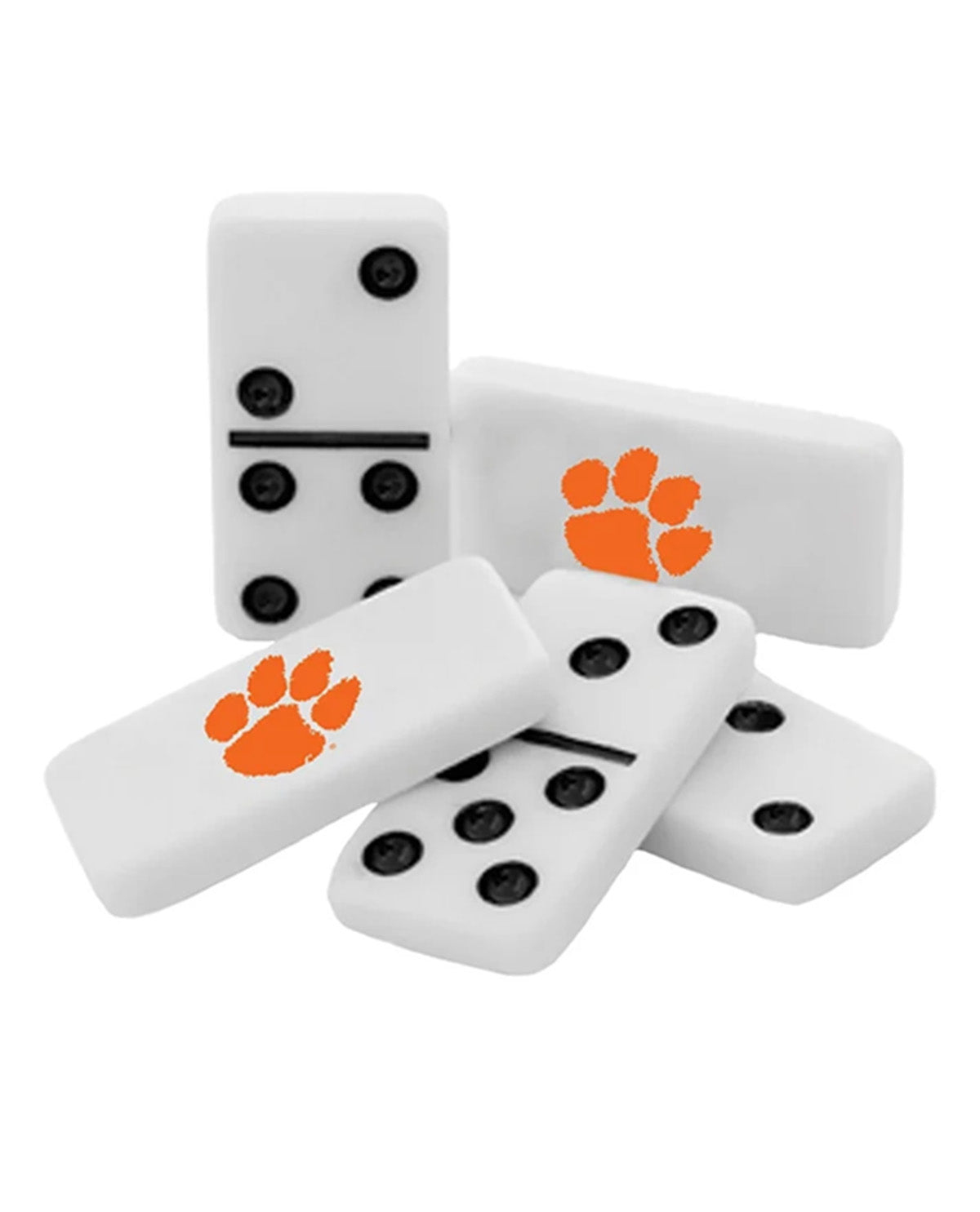 A set of white dominoes featuring the orange Clemson Tigers paw print logo, displayed on a clean white background.